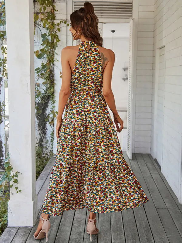 Floral Tiered Halter Tank Dress: Ditsy Print, Mid Calf Length