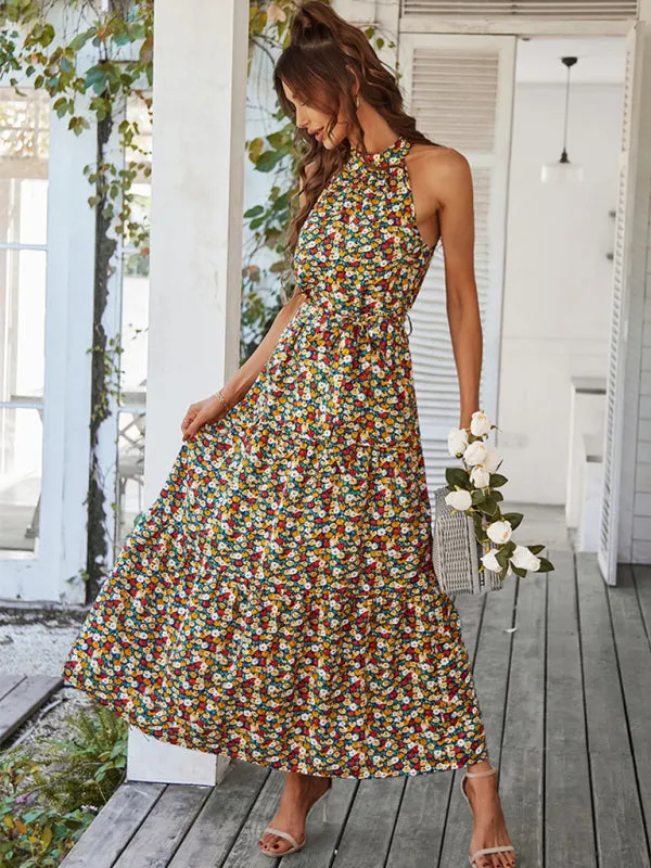 Floral Tiered Halter Tank Dress: Ditsy Print, Mid Calf Length