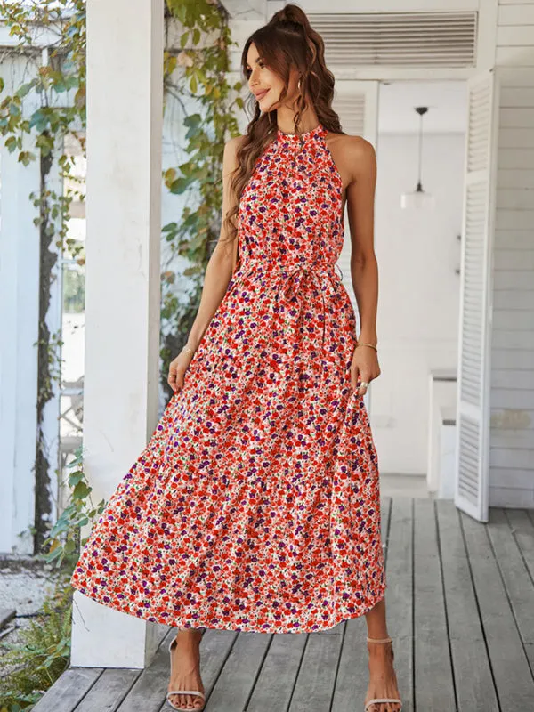 Floral Tiered Halter Tank Dress: Ditsy Print, Mid Calf Length