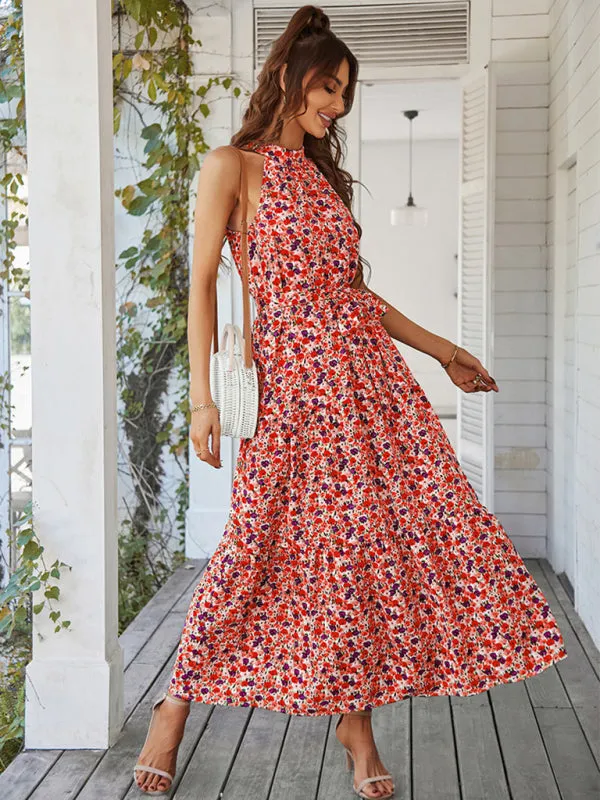 Floral Tiered Halter Tank Dress: Ditsy Print, Mid Calf Length