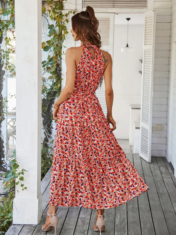 Floral Tiered Halter Tank Dress: Ditsy Print, Mid Calf Length