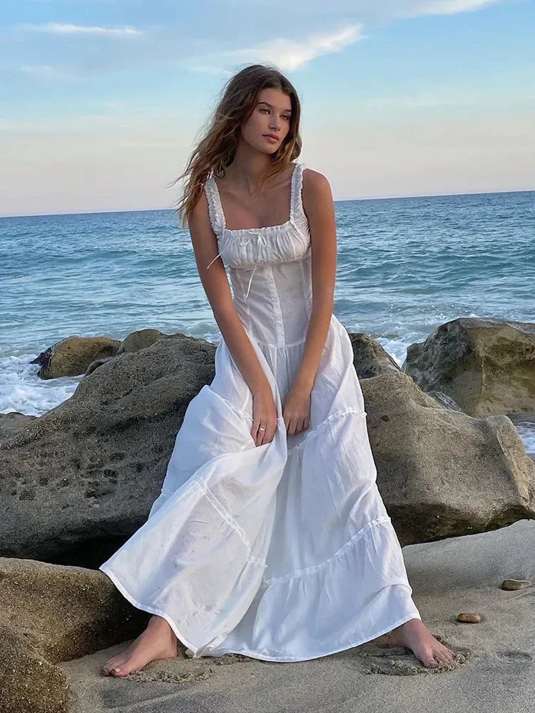 Getadme Bowknot White Summer Women's Dress Elegant Tank Beach Long Sundress Vestidos Sleeveless Holiday Chic Black Slim Maxi Dress 2024
