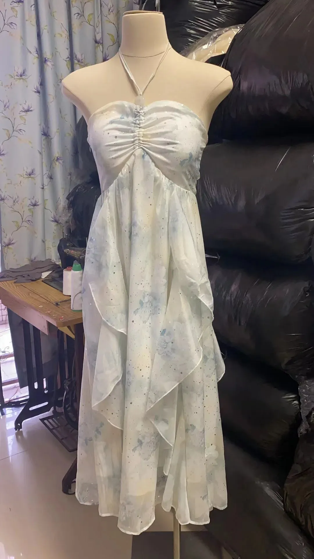 Girlary Elegant Sleeveless Midi Dresses For Women Beach Style Chiffon Hanging Neck Strap Casual Holiday Sundress One Piece Vestidos
