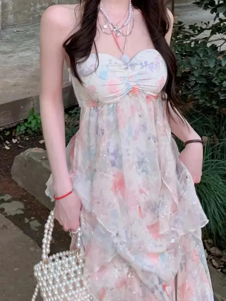 Girlary Elegant Sleeveless Midi Dresses For Women Beach Style Chiffon Hanging Neck Strap Casual Holiday Sundress One Piece Vestidos
