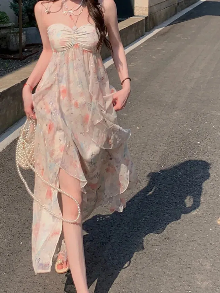 Girlary Elegant Sleeveless Midi Dresses For Women Beach Style Chiffon Hanging Neck Strap Casual Holiday Sundress One Piece Vestidos