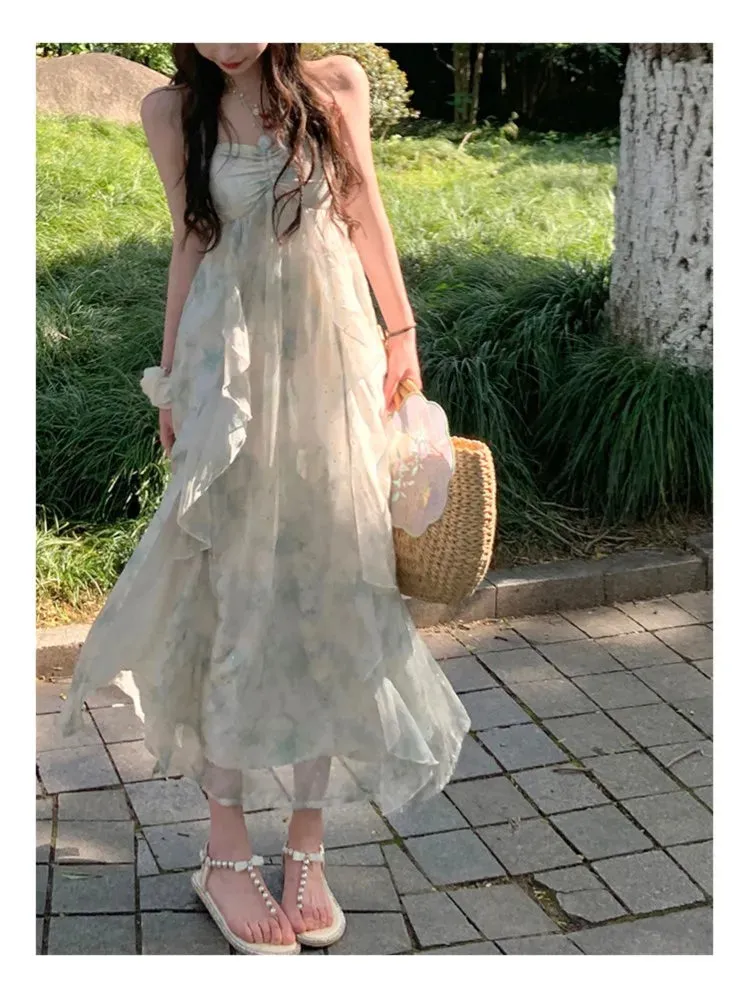 Girlary Elegant Sleeveless Midi Dresses For Women Beach Style Chiffon Hanging Neck Strap Casual Holiday Sundress One Piece Vestidos