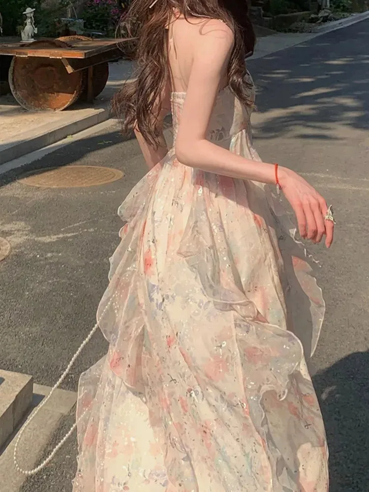 Girlary Elegant Sleeveless Midi Dresses For Women Beach Style Chiffon Hanging Neck Strap Casual Holiday Sundress One Piece Vestidos