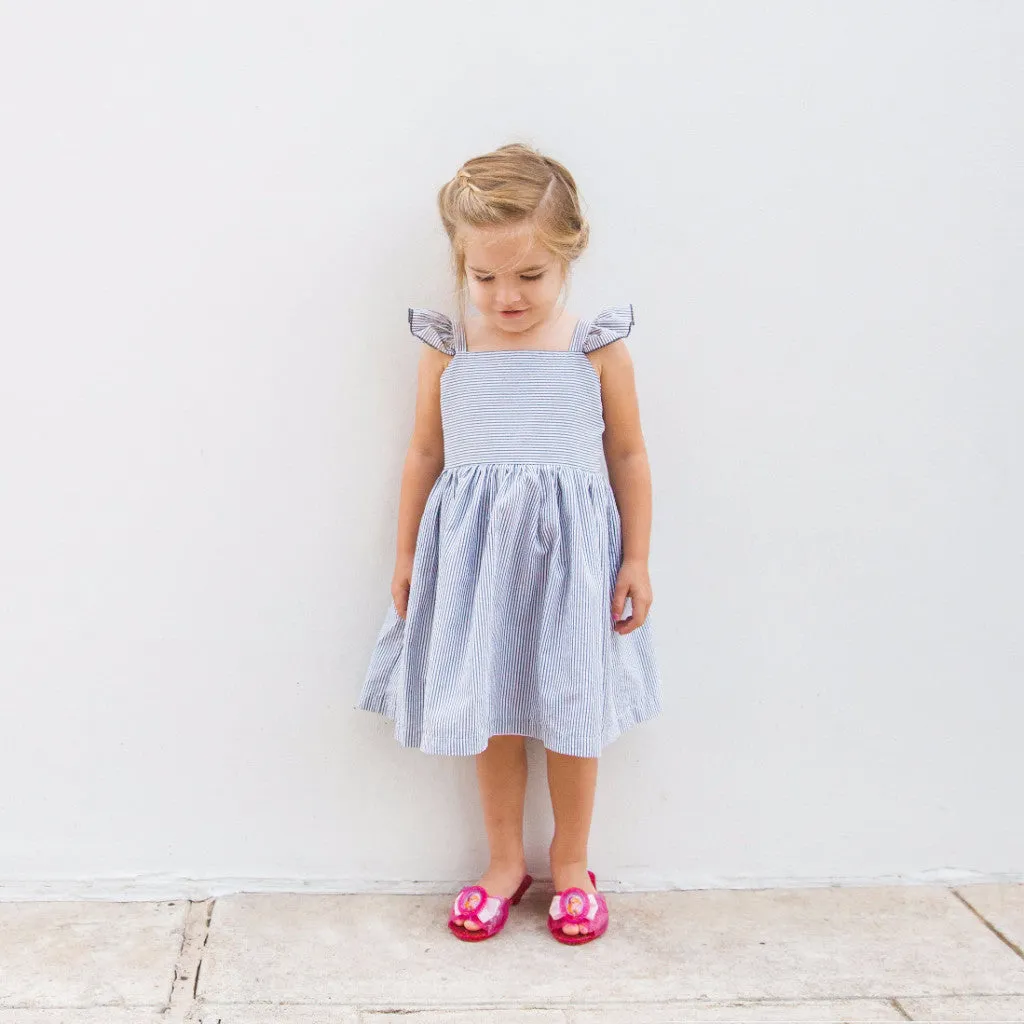 Girl’s Gray Flutter Sleeve Seersucker Dress