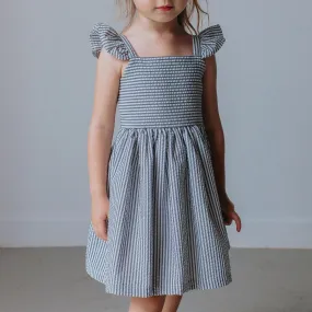Girl’s Gray Flutter Sleeve Seersucker Dress