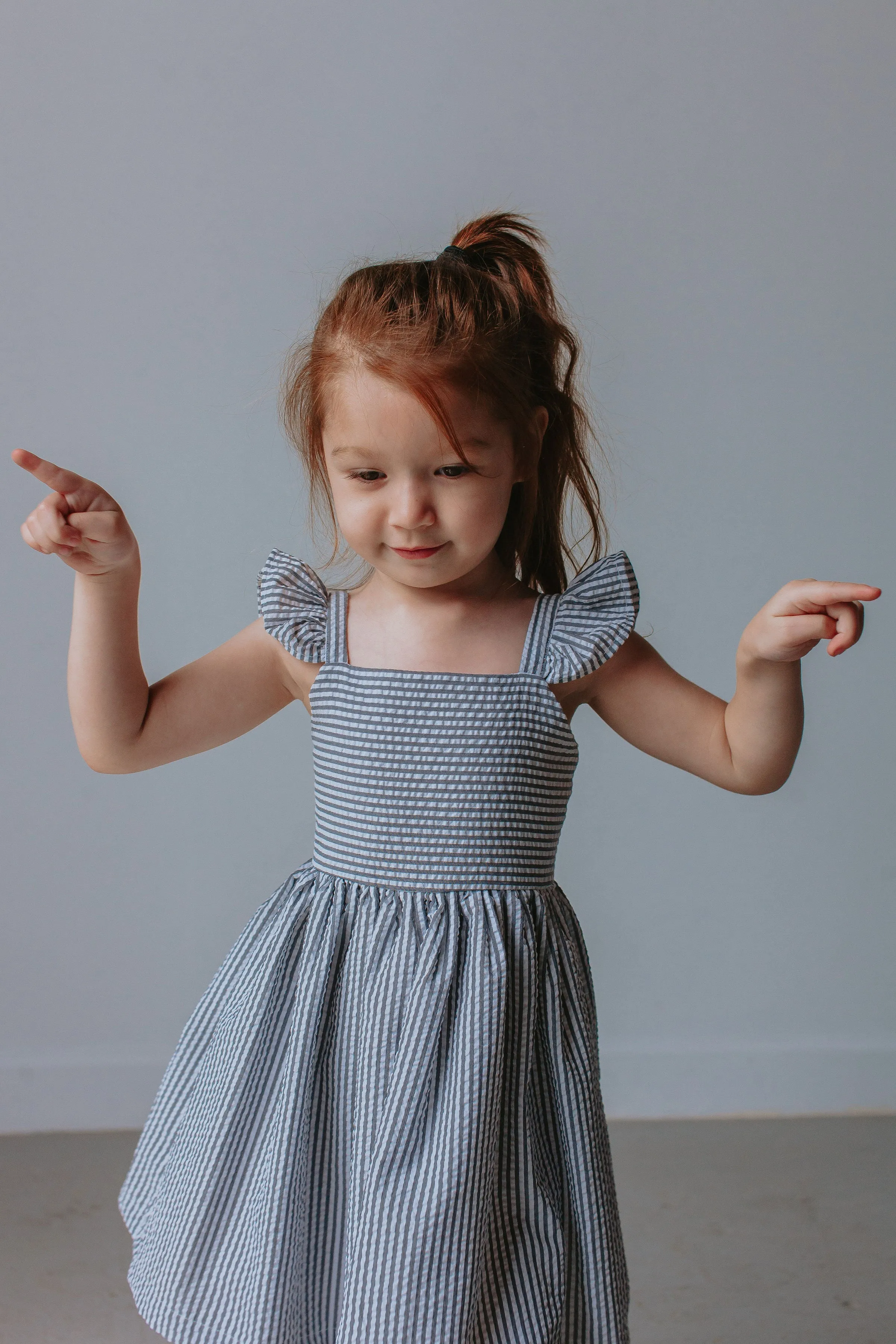 Girl’s Gray Flutter Sleeve Seersucker Dress