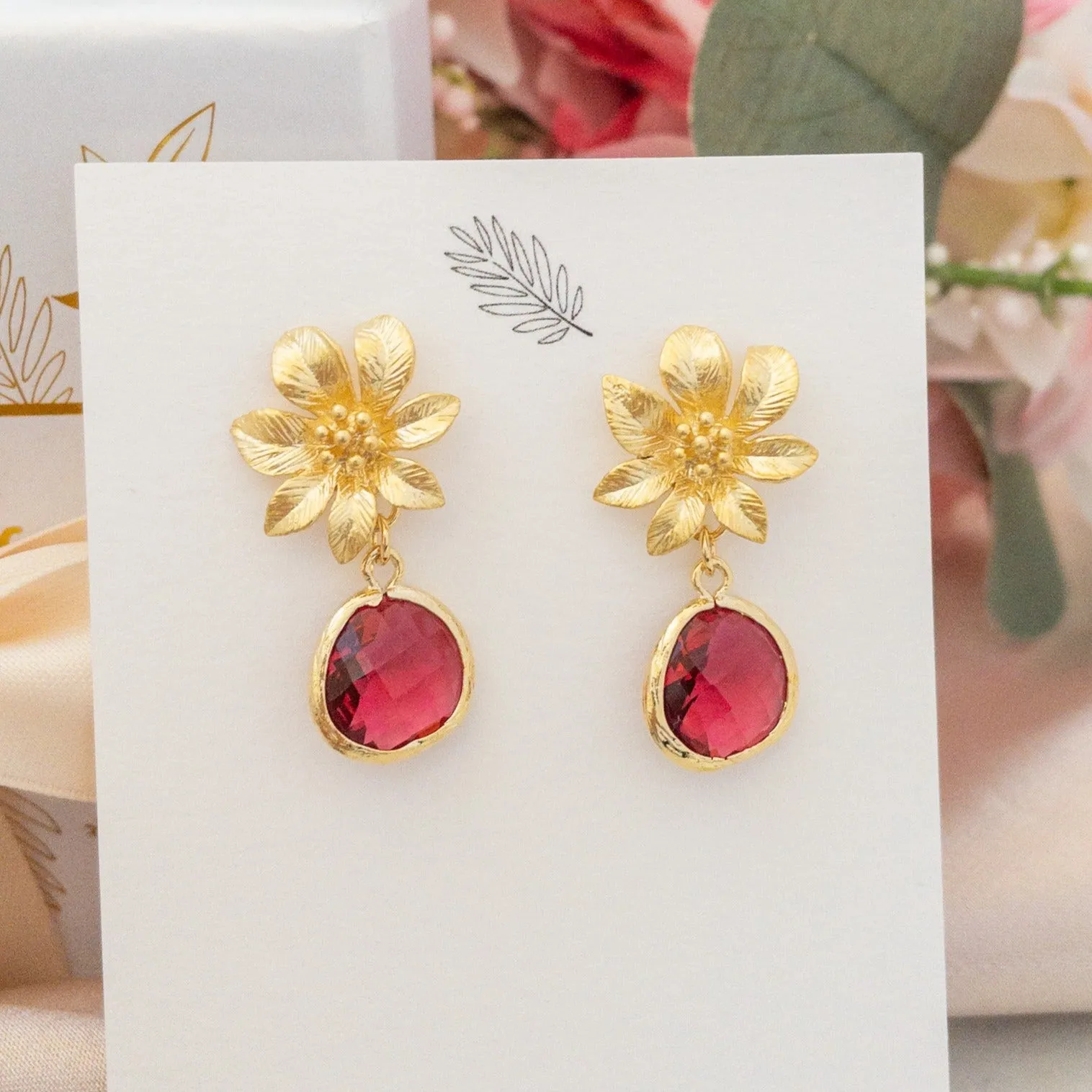 Gold Clematis Flower Earrings with Red Crystals