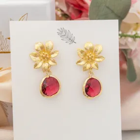 Gold Clematis Flower Earrings with Red Crystals