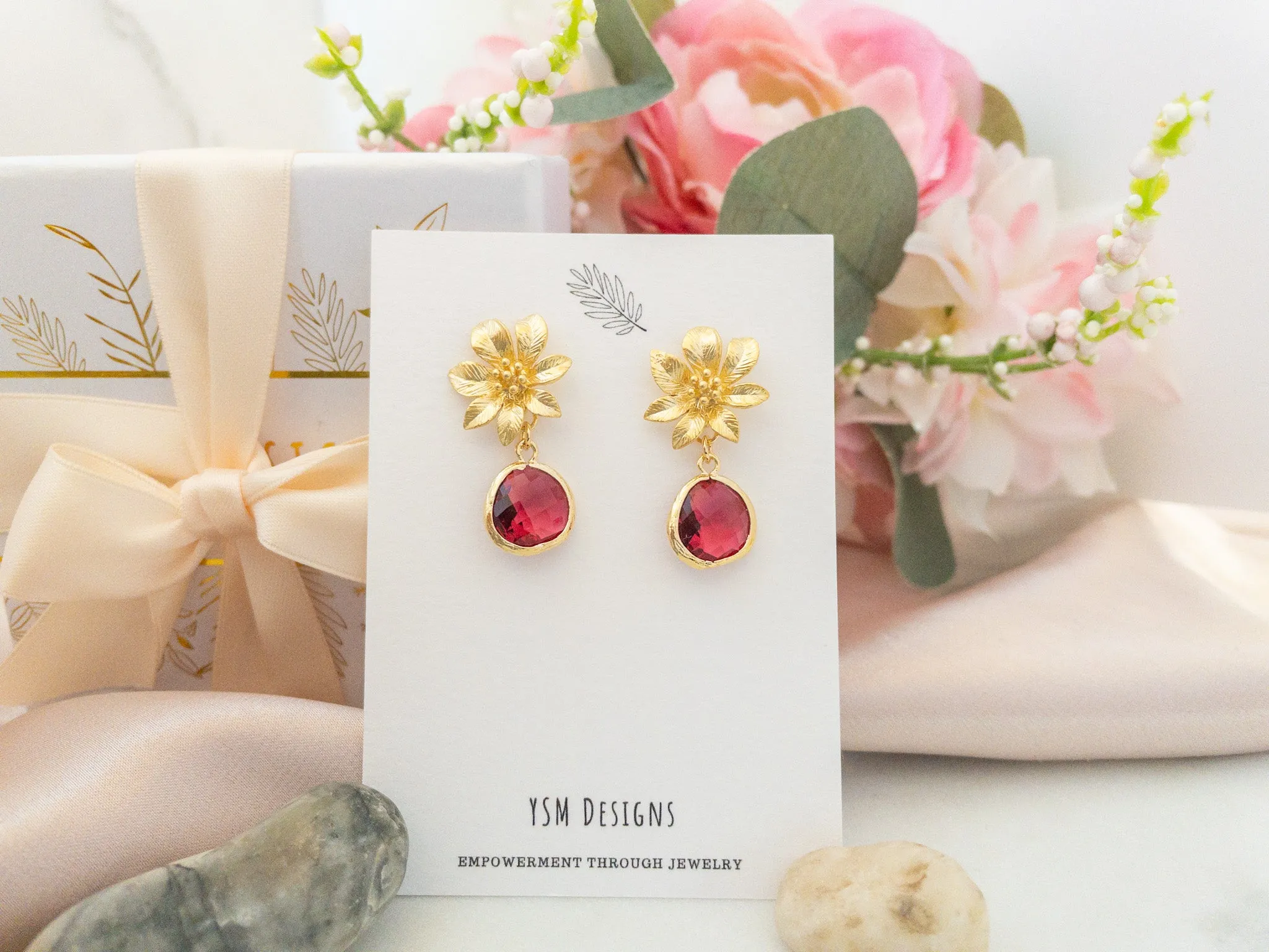 Gold Clematis Flower Earrings with Red Crystals