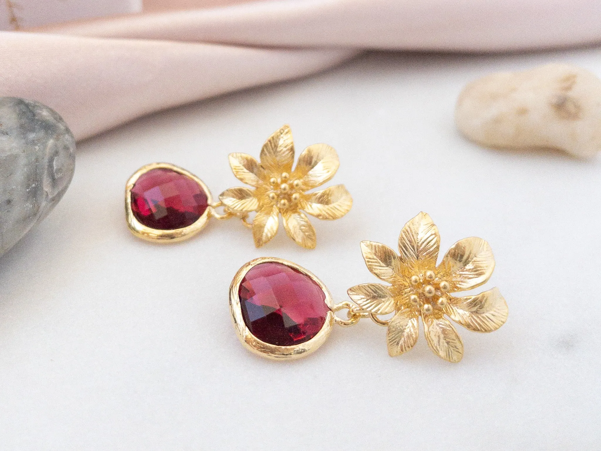 Gold Clematis Flower Earrings with Red Crystals
