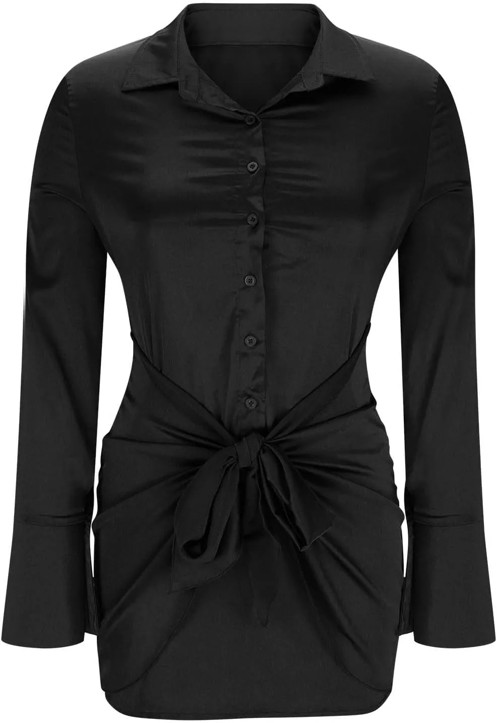 HGps8w Chic Tie Front Satin Silk Shirt Dress for Women Sexy 2025 Summer Long Sleeve Button Up Lapel Cocktail Party Dresses