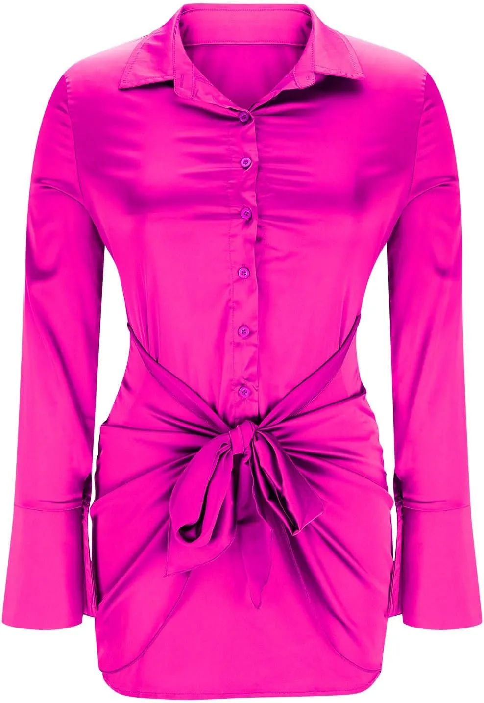 HGps8w Chic Tie Front Satin Silk Shirt Dress for Women Sexy 2025 Summer Long Sleeve Button Up Lapel Cocktail Party Dresses