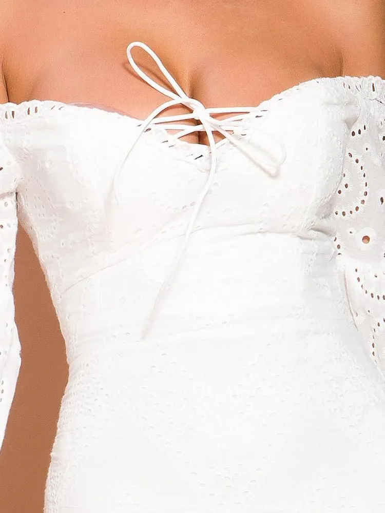 Lace Off Shoulder Lantern Sleeve Short Dress
