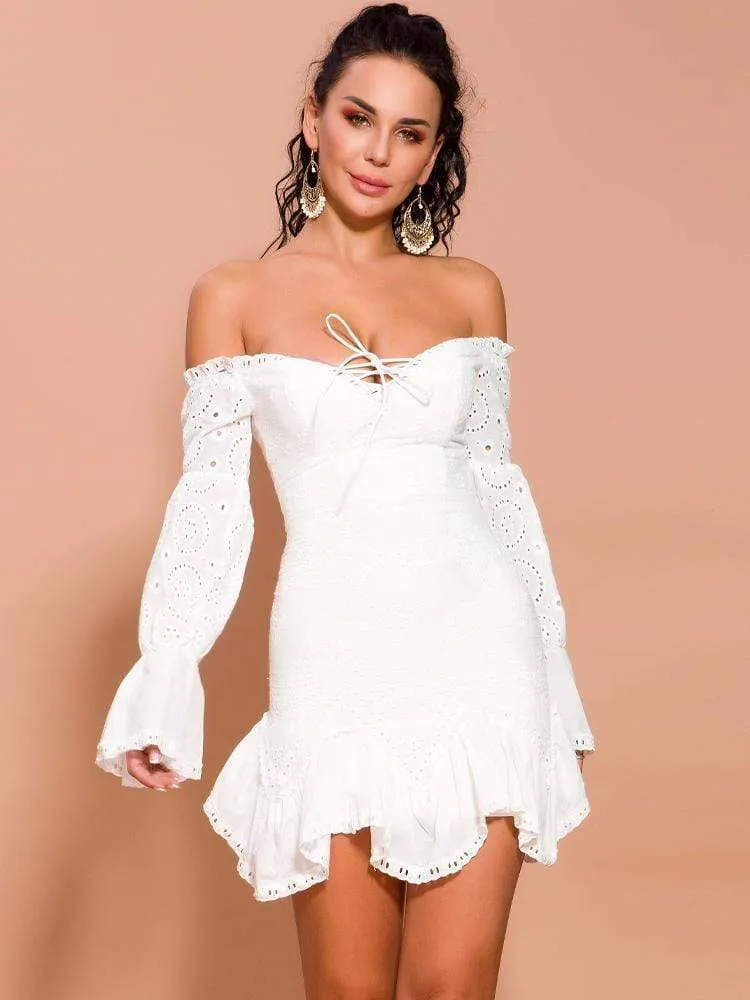 Lace Off Shoulder Lantern Sleeve Short Dress
