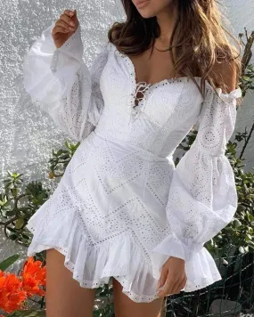 Lace Off Shoulder Lantern Sleeve Short Dress