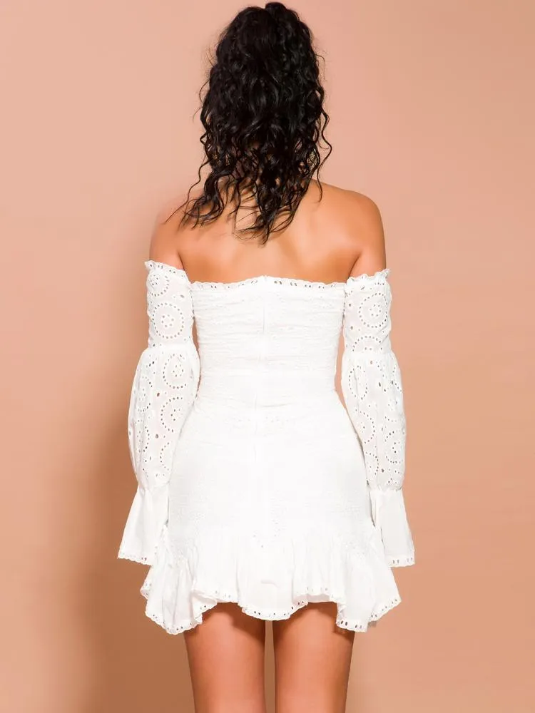 Lace Off Shoulder Lantern Sleeve Short Dress