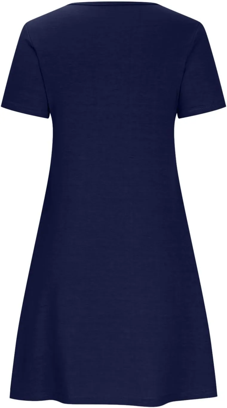 Ladies Casual Flowy Dresses Round Neck Short Sleeve Outfit Dress Solid Color Loose Fitting Women Outwear Dresses