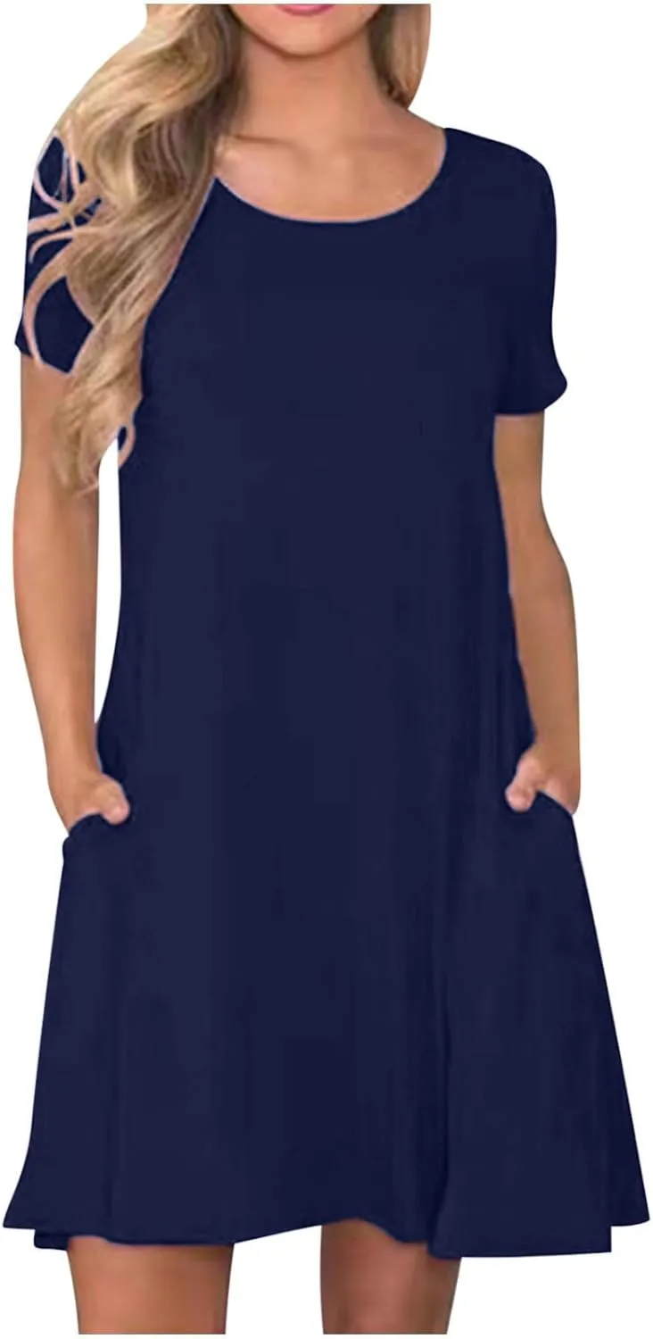 Ladies Casual Flowy Dresses Round Neck Short Sleeve Outfit Dress Solid Color Loose Fitting Women Outwear Dresses