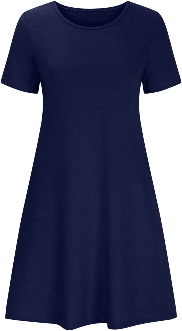 Ladies Casual Flowy Dresses Round Neck Short Sleeve Outfit Dress Solid Color Loose Fitting Women Outwear Dresses