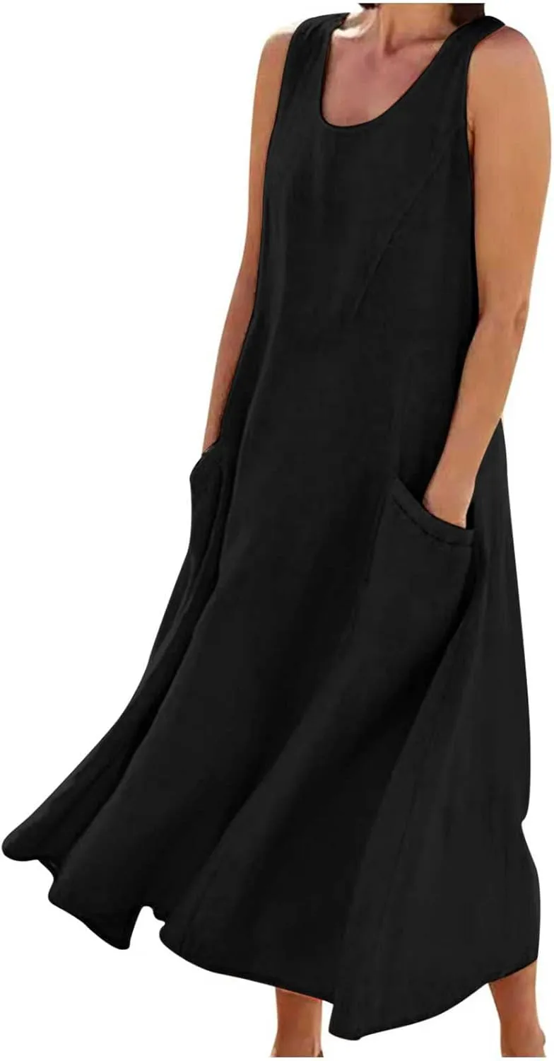 LEMONONSTORE Tank Dress for Women Retro Linen Summer Sleeveless Solid Casual Flowy Maxi Dresses Beach Sundress with Pockets