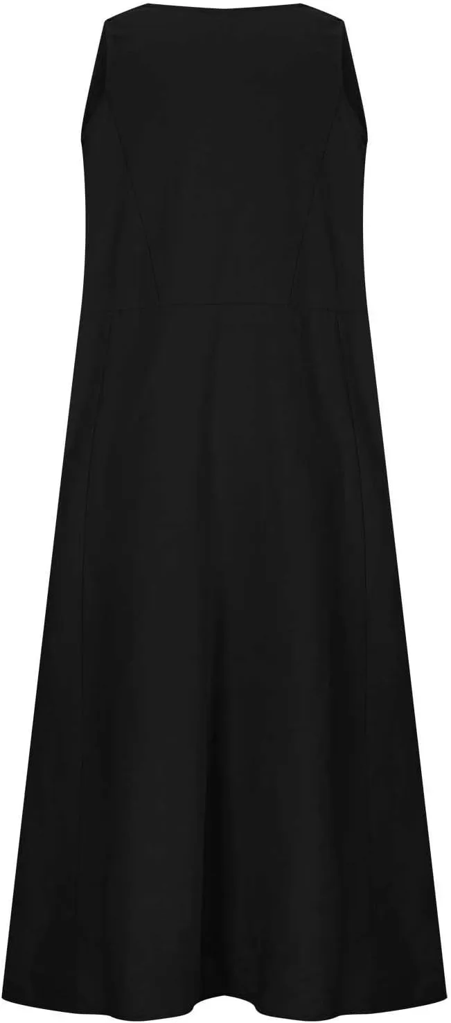 LEMONONSTORE Tank Dress for Women Retro Linen Summer Sleeveless Solid Casual Flowy Maxi Dresses Beach Sundress with Pockets