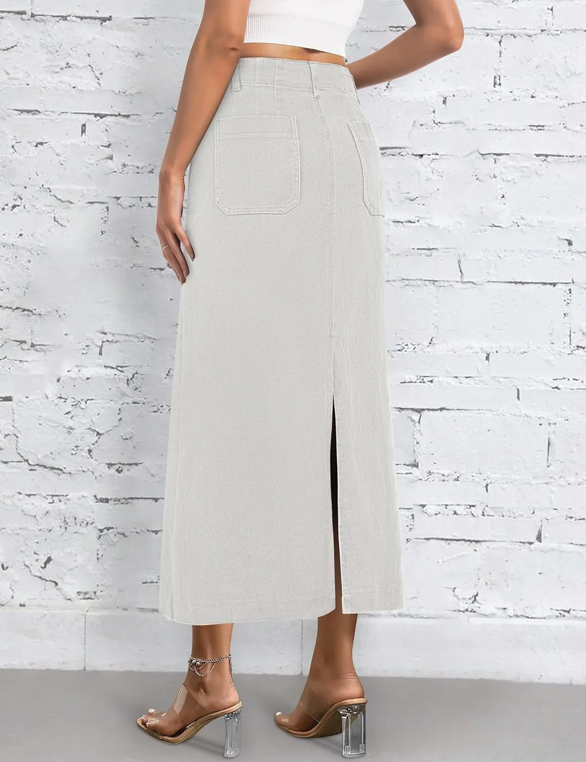 Long Denim Skirt for Women Stretch Maxi Skirt with Back Slit High Waisted Pencil Jean Skirt with Pockets Casual