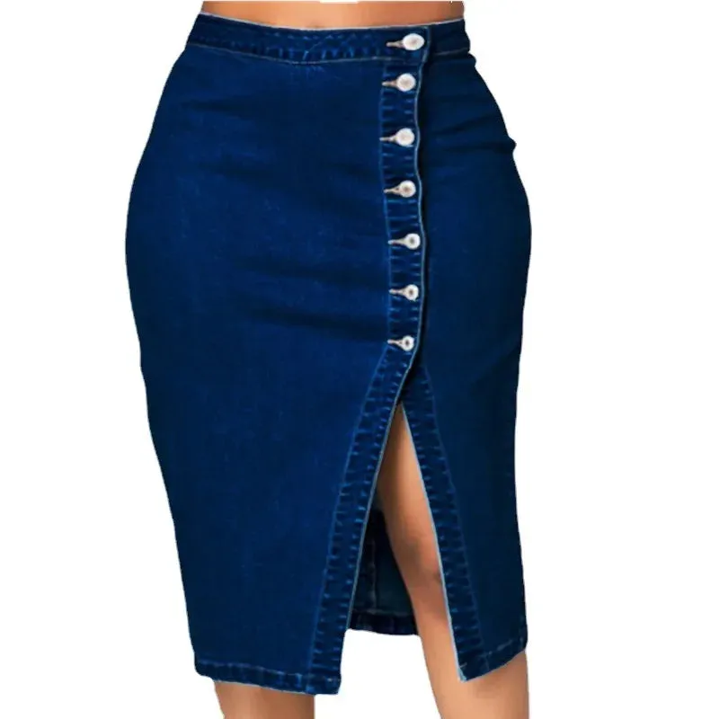 Luexco Mid-Length Denim Skirt Offset Hem