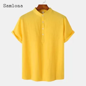 Mandarin Collar Basic Shirts Clothing New Summer Cotton Linen Tops Men Vintage harajuku Blouse S S4960095