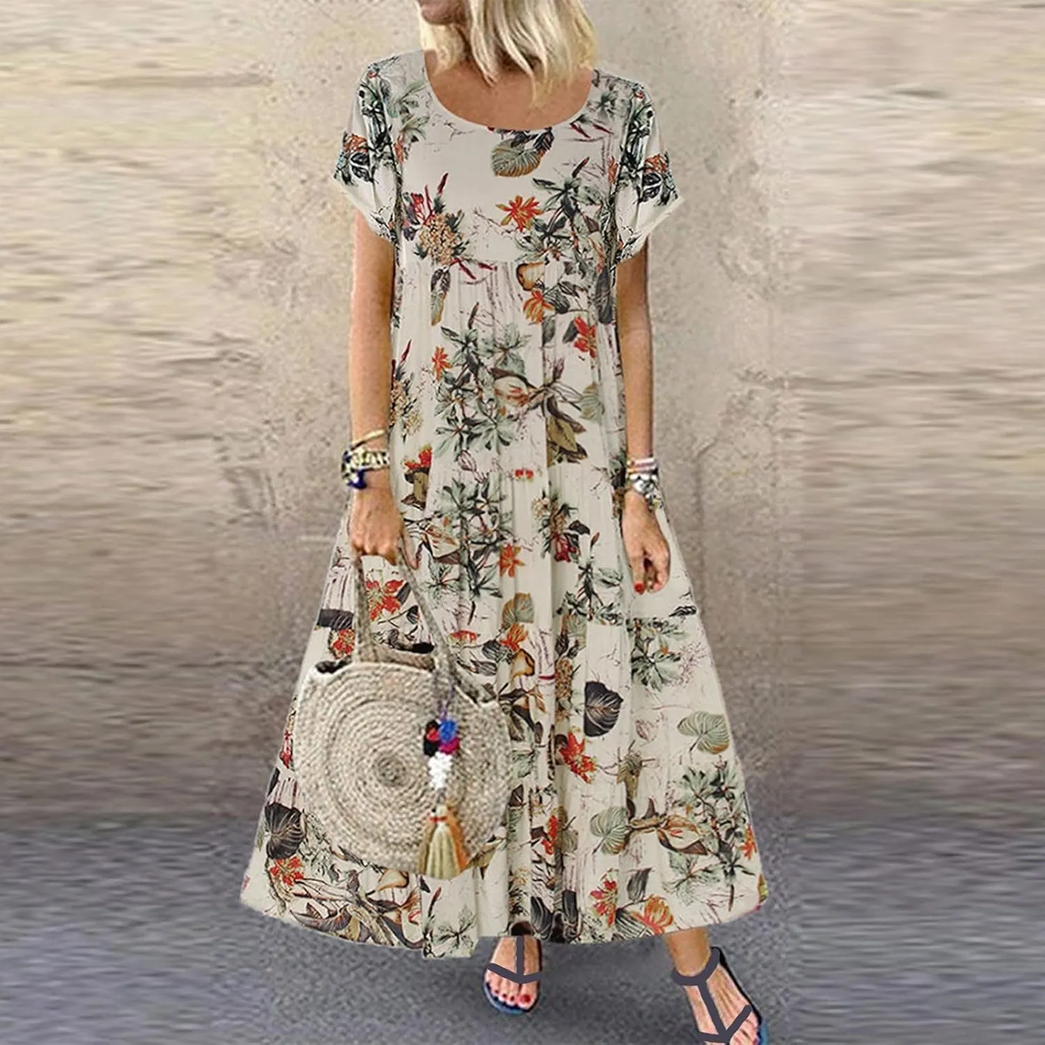 Maxi Dresses for Women 2024 Cotton Linen Casual Crew Neck Printed Long Dress with Pockets Empire Waist Summer Dress