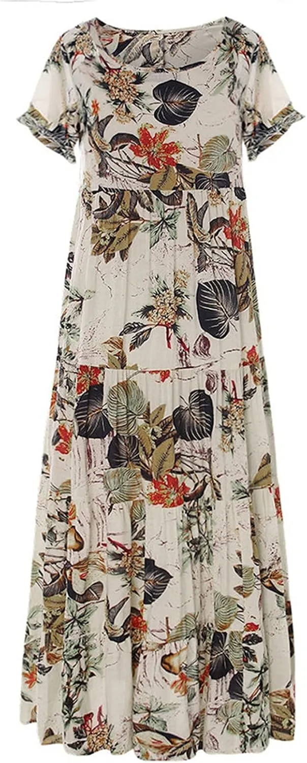 Maxi Dresses for Women 2024 Cotton Linen Casual Crew Neck Printed Long Dress with Pockets Empire Waist Summer Dress