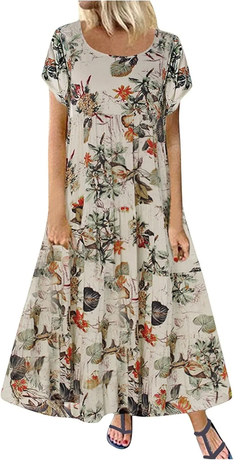 Maxi Dresses for Women 2024 Cotton Linen Casual Crew Neck Printed Long Dress with Pockets Empire Waist Summer Dress