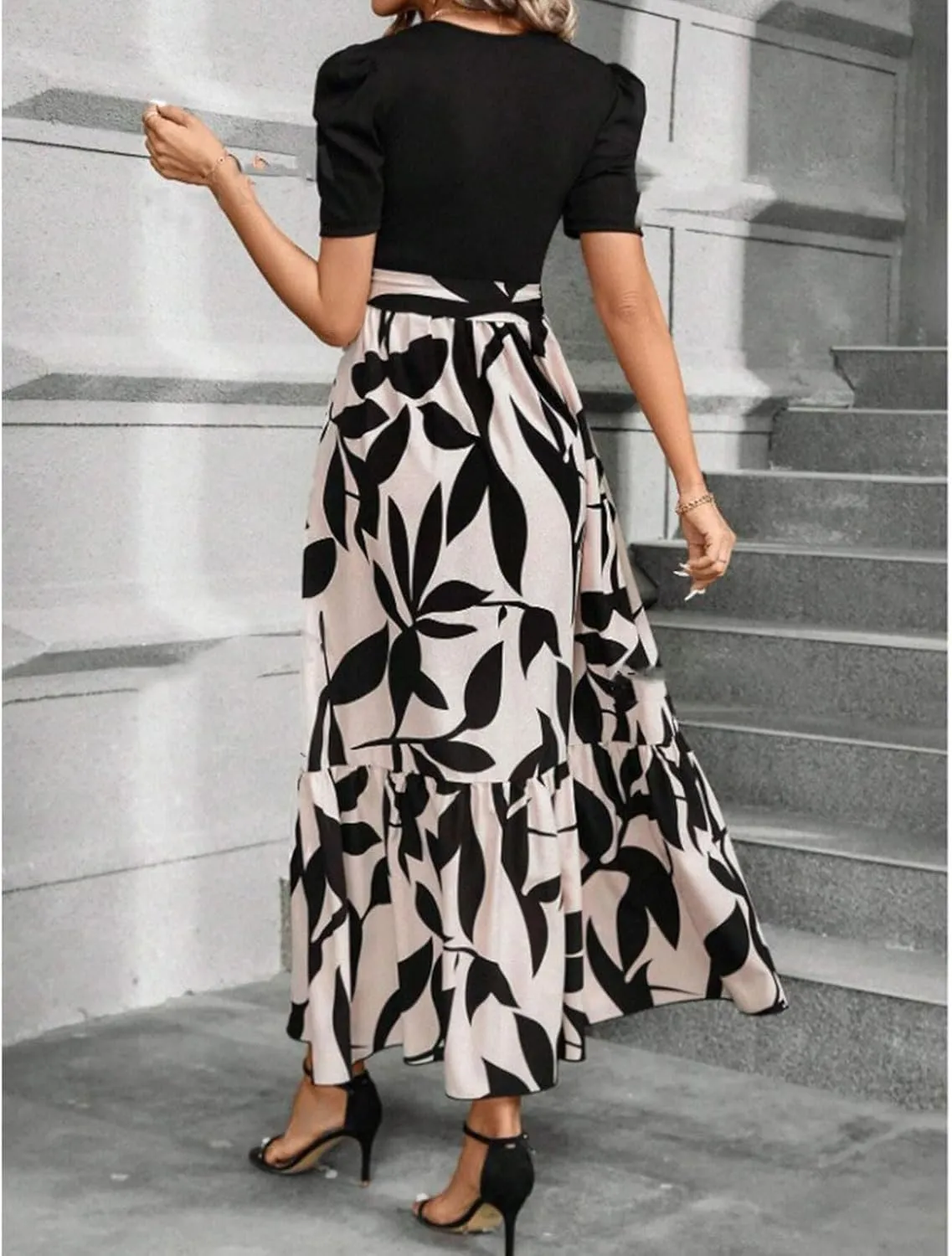 Maxi Dresses for Women Casual Floral Print High Waist Beach Long Flowy Dress Elegant Sundress with Belt