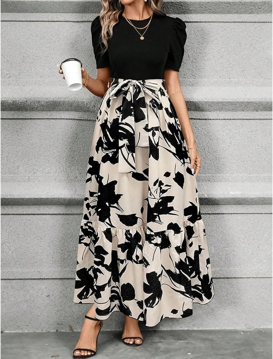 Maxi Dresses for Women Casual Floral Print High Waist Beach Long Flowy Dress Elegant Sundress with Belt