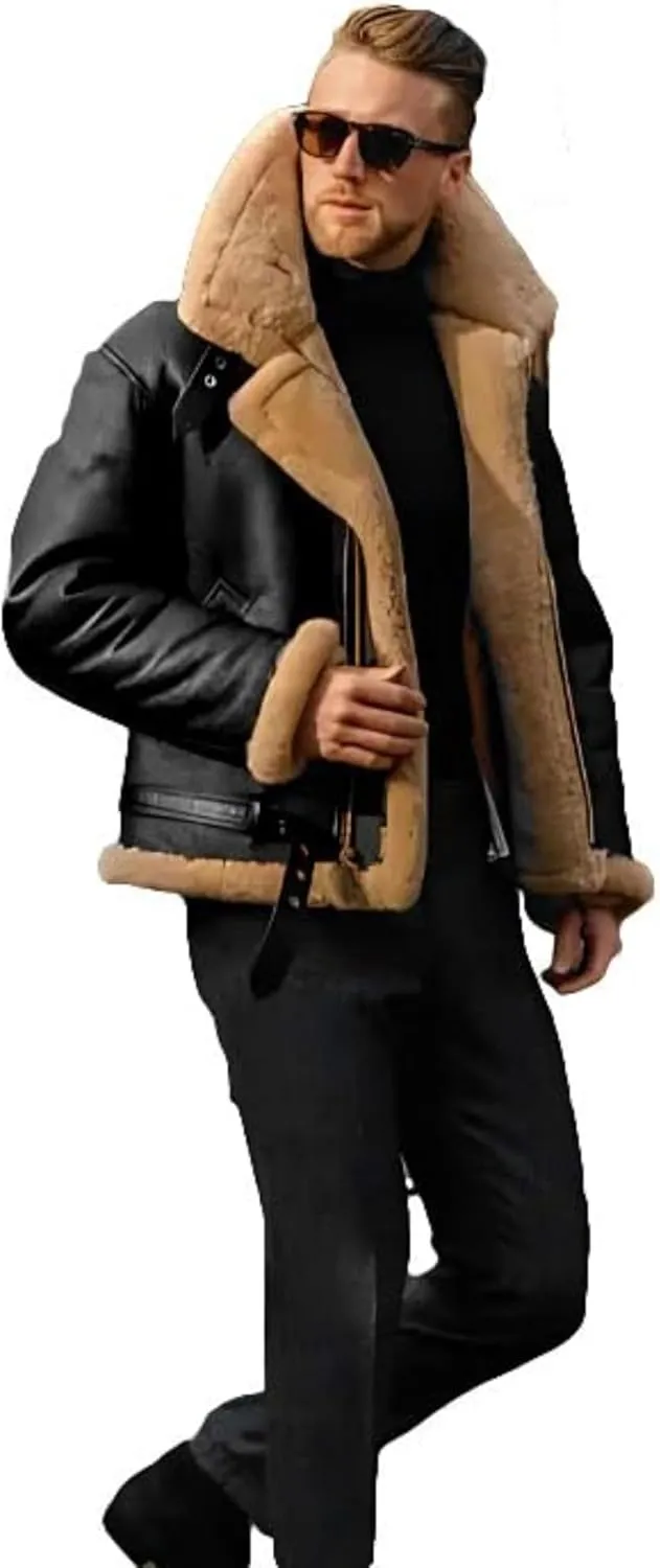 Men Aviator Bomber Coat Faux Shearling Sheepskin Leather Jacket Fur Lined Bomber Jackets Thickening Outercoat