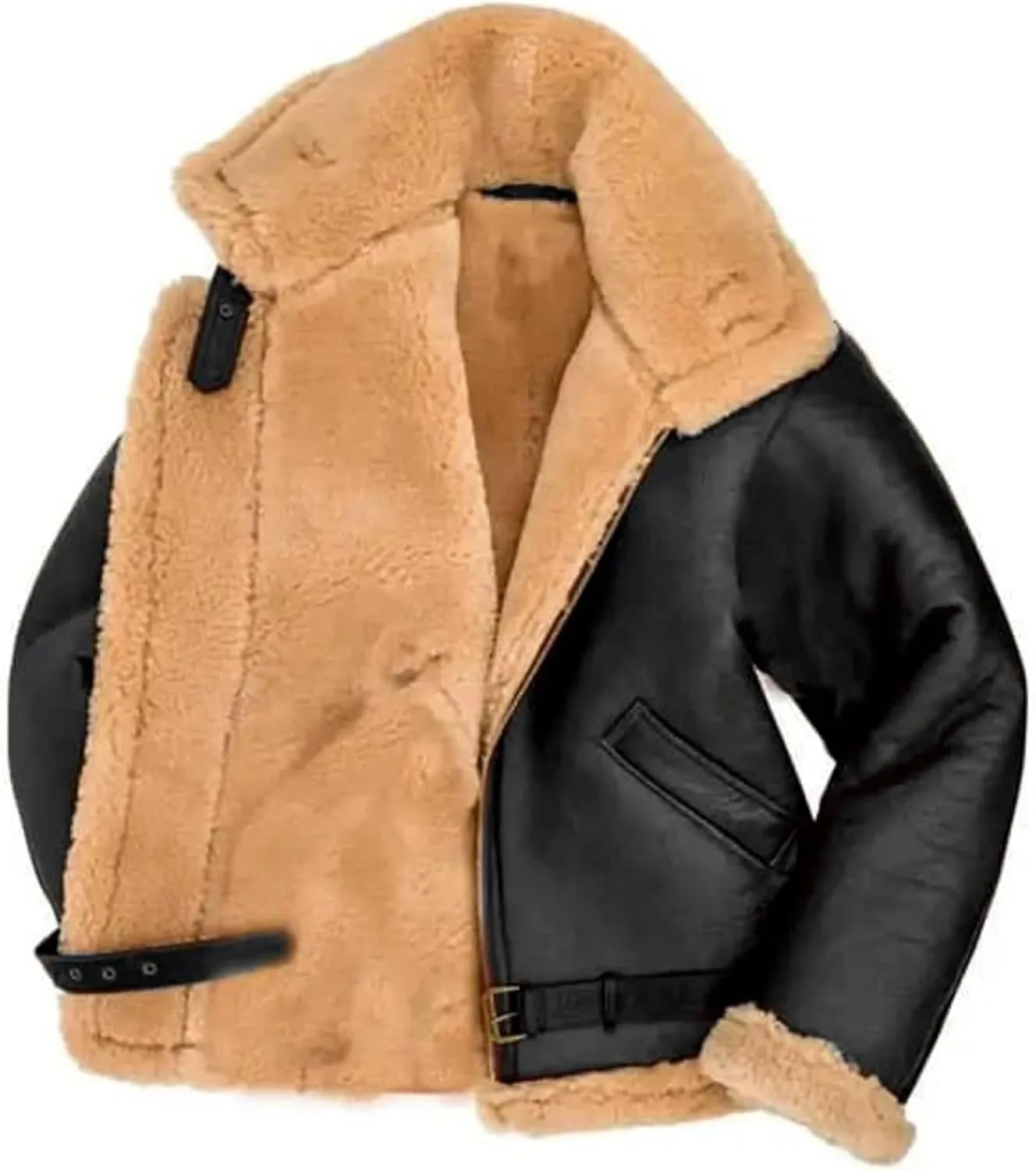 Men Aviator Bomber Coat Faux Shearling Sheepskin Leather Jacket Fur Lined Bomber Jackets Thickening Outercoat