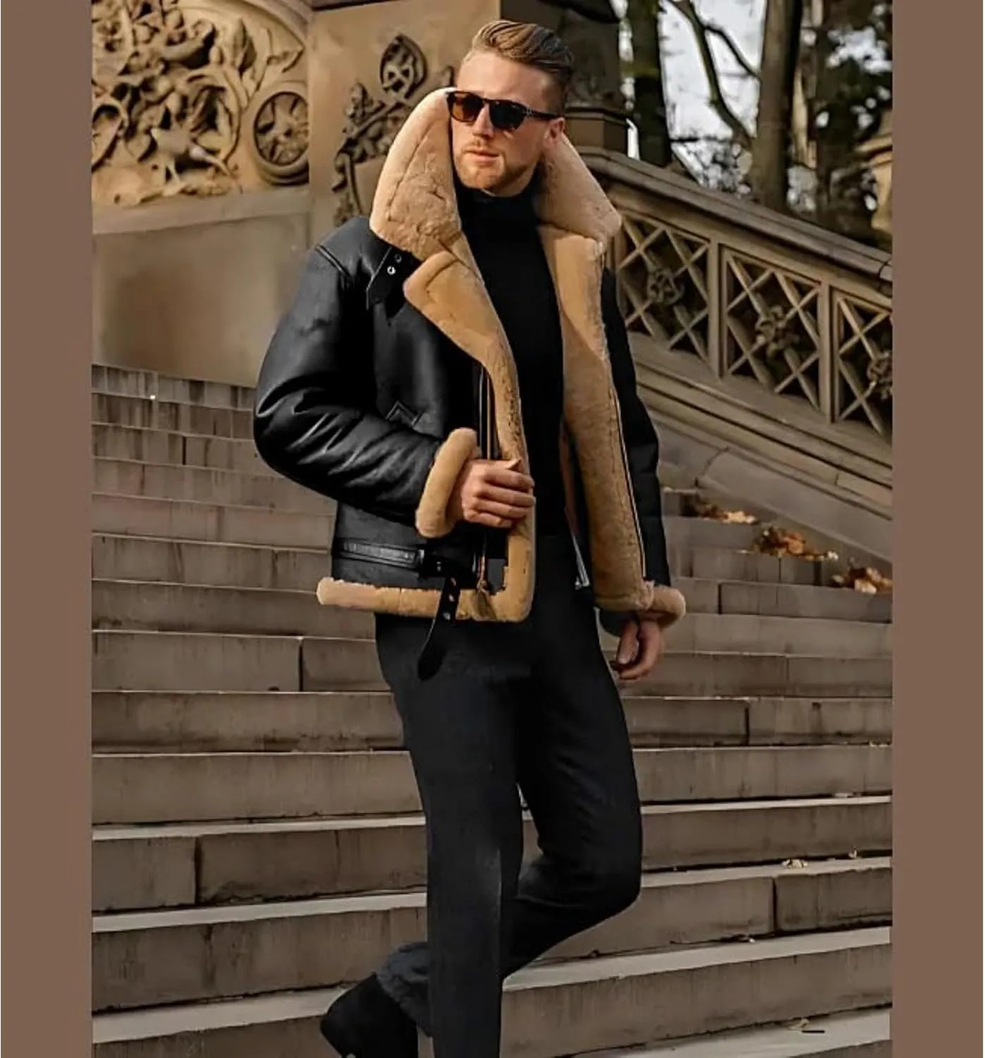 Men Aviator Bomber Coat Faux Shearling Sheepskin Leather Jacket Fur Lined Bomber Jackets Thickening Outercoat