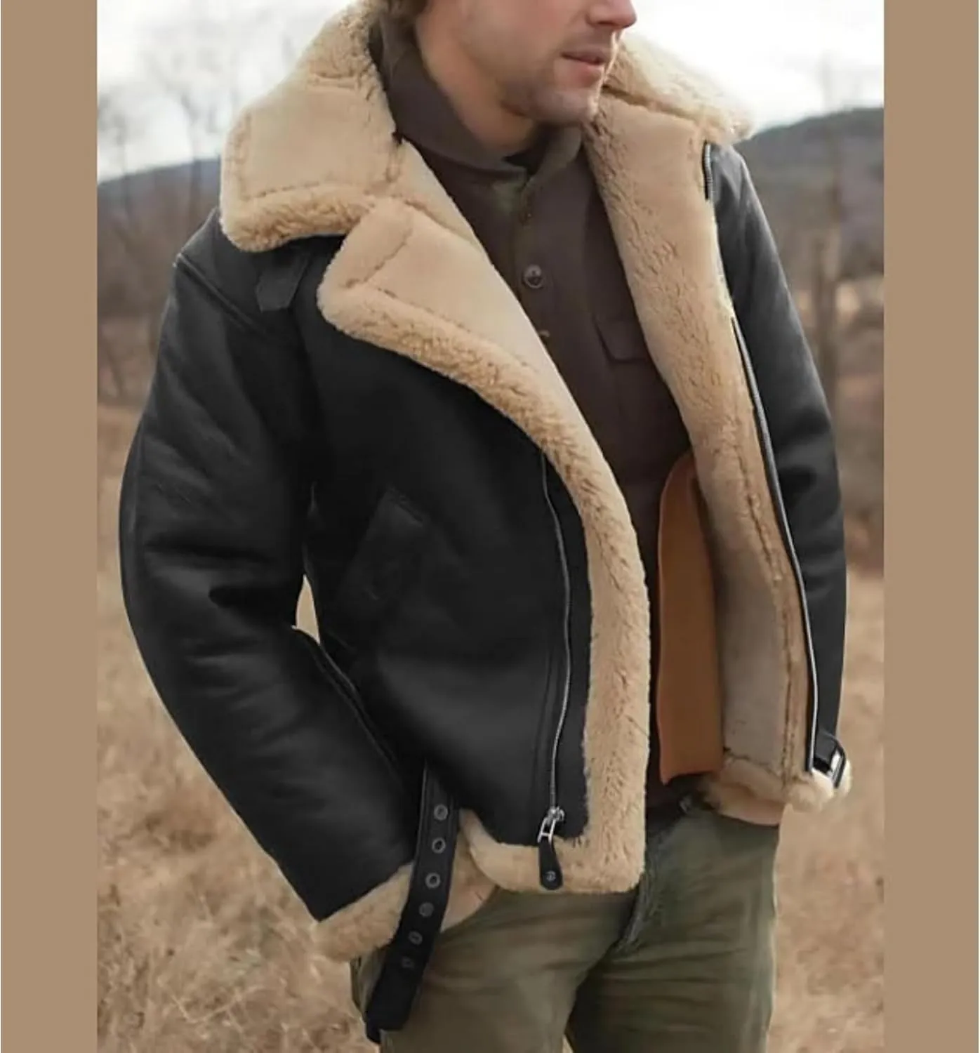 Men Aviator Bomber Coat Faux Shearling Sheepskin Leather Jacket Fur Lined Bomber Jackets Thickening Outercoat