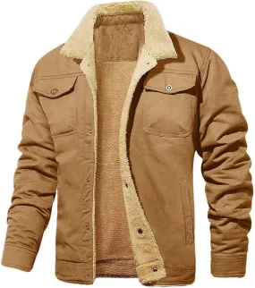 Men's Winter Jacket Casual Sherpa Fleece Lined Cargo Coat Warm Thicken Lapel Collar Trucker Jacket with Multi Pockets