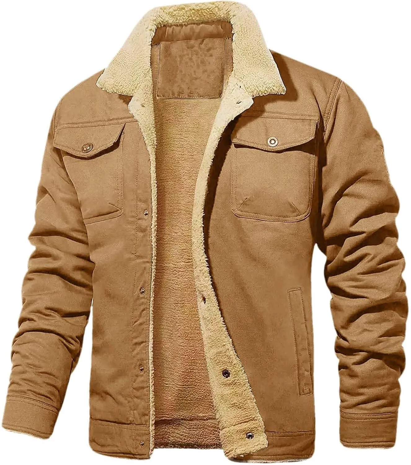 Men's Winter Jacket Casual Sherpa Fleece Lined Cargo Coat Warm Thicken Lapel Collar Trucker Jacket with Multi Pockets