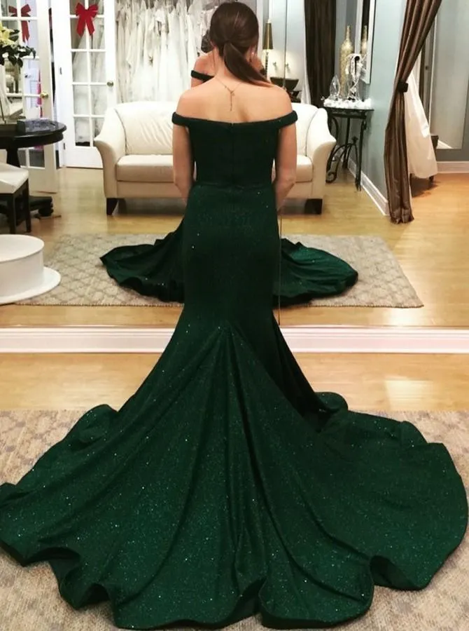 Modest Long Mermaid Off-the-shoulder Green Prom Dress