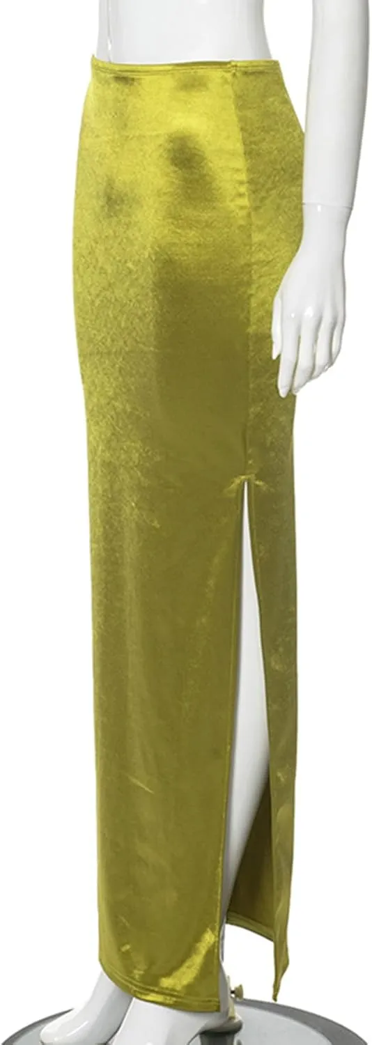 Molisry Women's Satin Silk Skirt Dressy High Waisted Side Slit Elegant A-Line Long Maxi Pencil Skirt Wedding