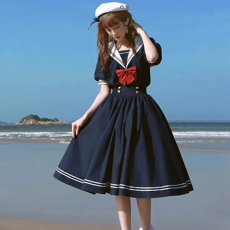 Navy Sailor Collar Dress Mori Girl Harajuku Sundress Japan Style Sweet Lolita Style Kawaii Cute Dress Princess Elegant