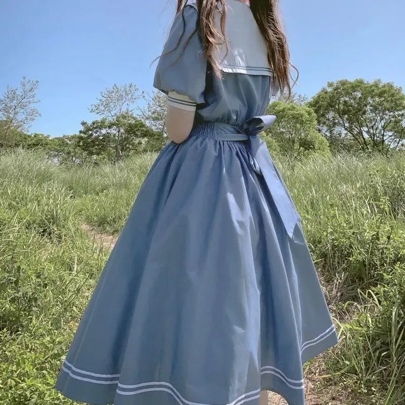 Navy Sailor Collar Dress Mori Girl Harajuku Sundress Japan Style Sweet Lolita Style Kawaii Cute Dress Princess Elegant