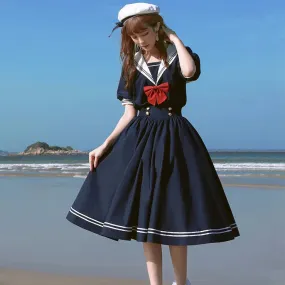 Navy Sailor Collar Dress Mori Girl Harajuku Sundress Japan Style Sweet Lolita Style Kawaii Cute Dress Princess Elegant