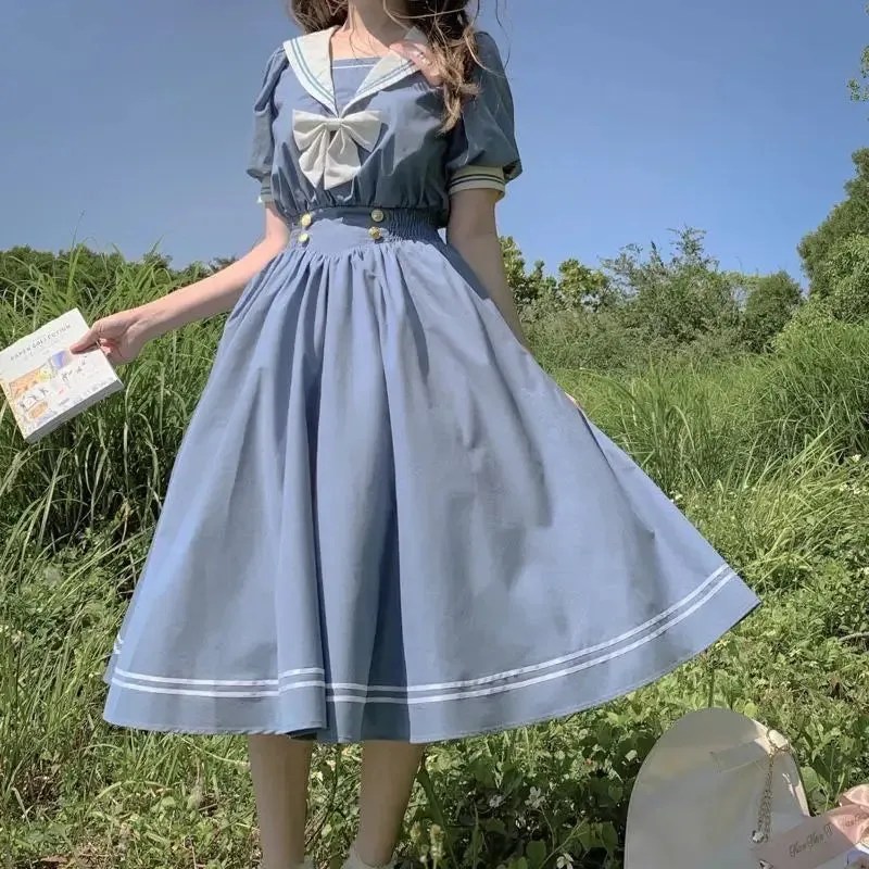 Navy Sailor Collar Dress Mori Girl Harajuku Sundress Japan Style Sweet Lolita Style Kawaii Cute Dress Princess Elegant