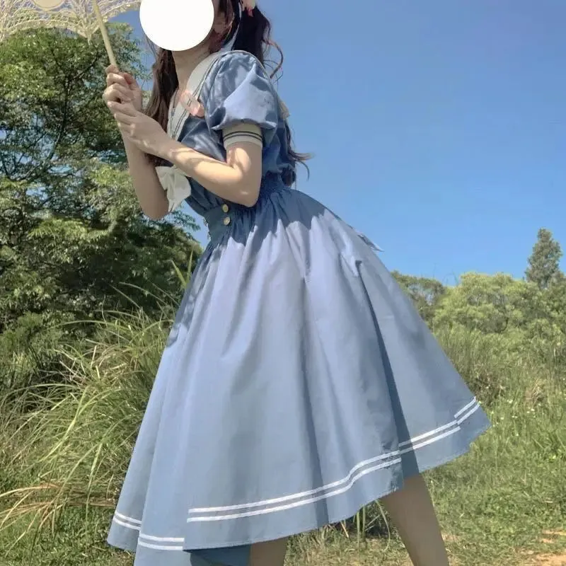 Navy Sailor Collar Dress Mori Girl Harajuku Sundress Japan Style Sweet Lolita Style Kawaii Cute Dress Princess Elegant